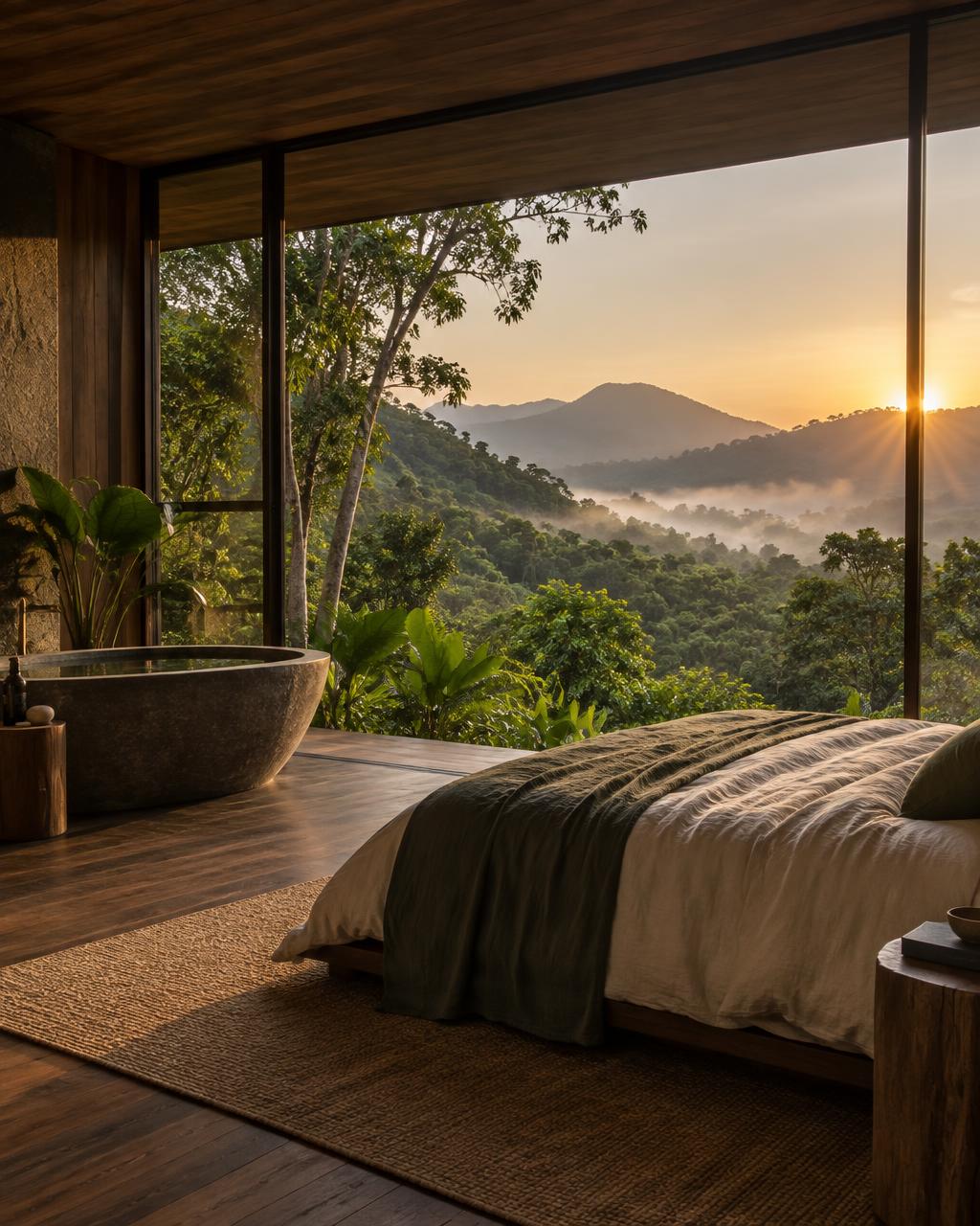 Interior da Cabana Alvorada com vista para o nascer do sol