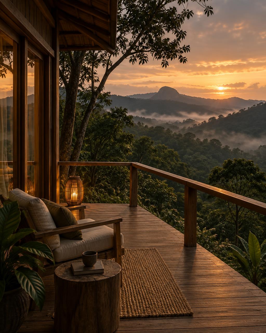 Deck da Cabana Raiz diante do vale ao entardecer