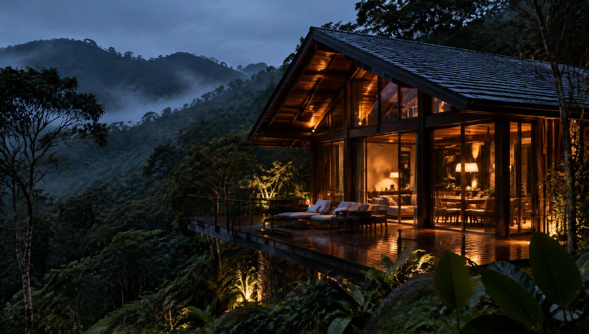 Cabana Véu iluminada entre a mata ao anoitecer